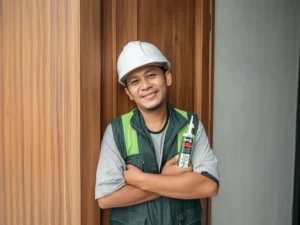 Contoh kusen pintu modern berbahan aluminium hitam doff dan kayu solid klasik